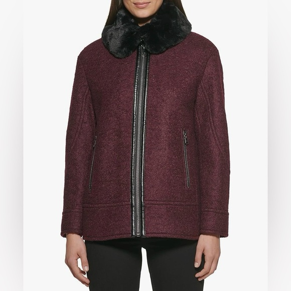 NWT Kenneth Cole wool faux fur collar burgundy women’s coat size large. - Picture 2 of 16